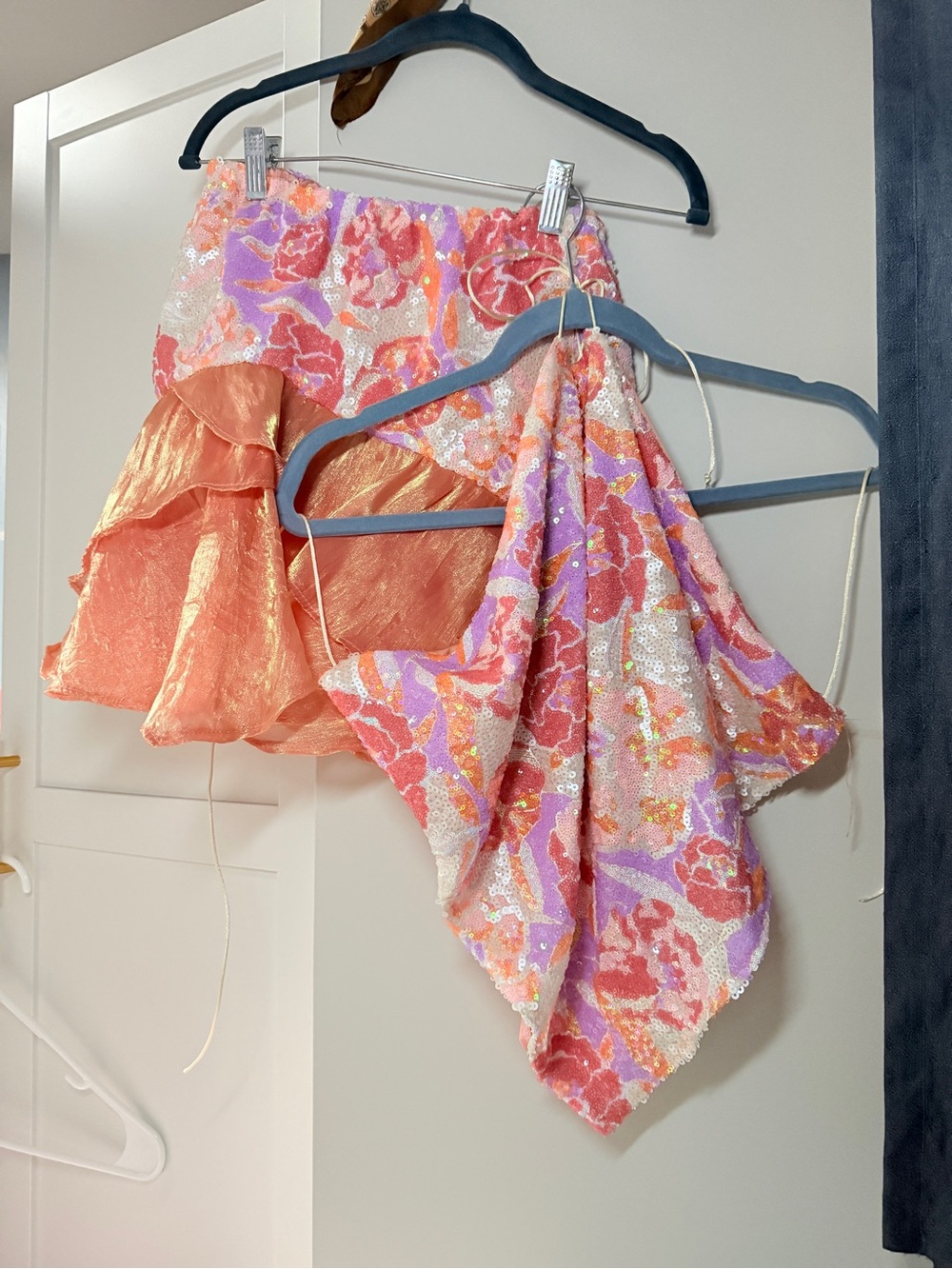 Sequin Floral Ruffle Mini Skirt Set - Peach Pink